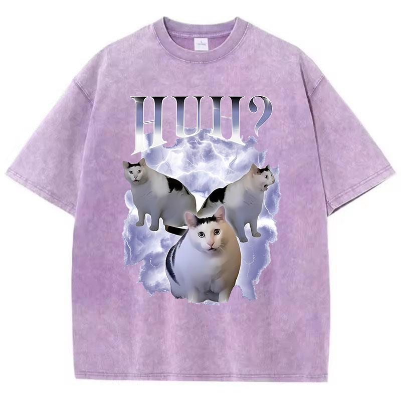 Funny T Shirt Vintage Washed Cotton T-Shirt Cat Saying Huh? Meme Graphic Tee Casual Streetwear for Spring Summer Fall