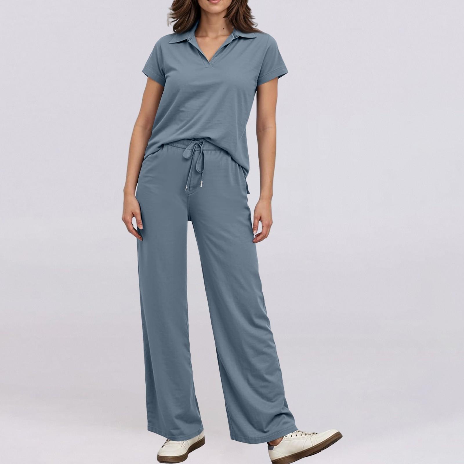 

Женские комплекты из 2 предметов, летние топы с короткими рукавами и рюшами и широкие брюки, спортивный костюм, одинаковые наряды M светло-синий