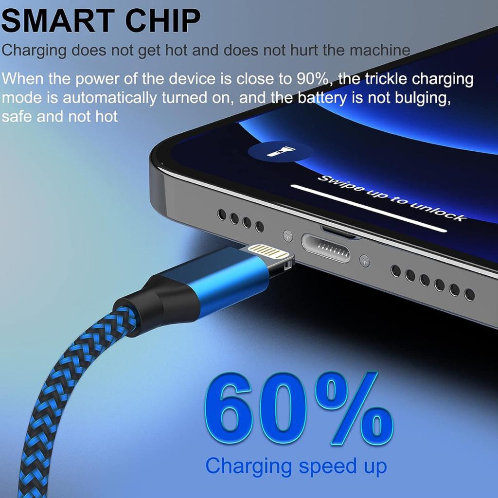 Fast Charge Braiding Cable, 8.86ft Super Long Charging Cable, Blue and Black Woven Outer Quilt, Suitable for Charging for IPhone 5-15 Mobile Phones.