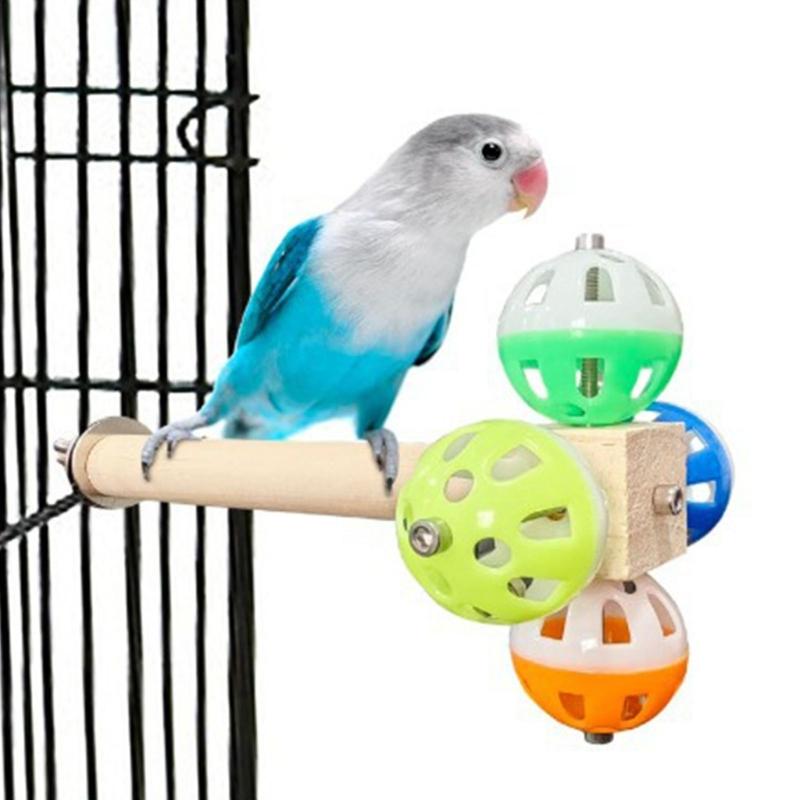 Wood Bird Perch Stand With Rotating Bells Balls Cage Exercise Toy For Conures Parrotlets Cage Entertainment Activity Toy