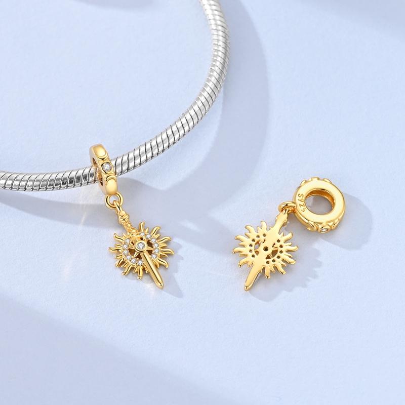 Original 925 Sterling Silver Bead Charm Zircon Gold Sun Sword Pendant Fit Original Bracelet Necklace For Women DIY Jewelry Gift