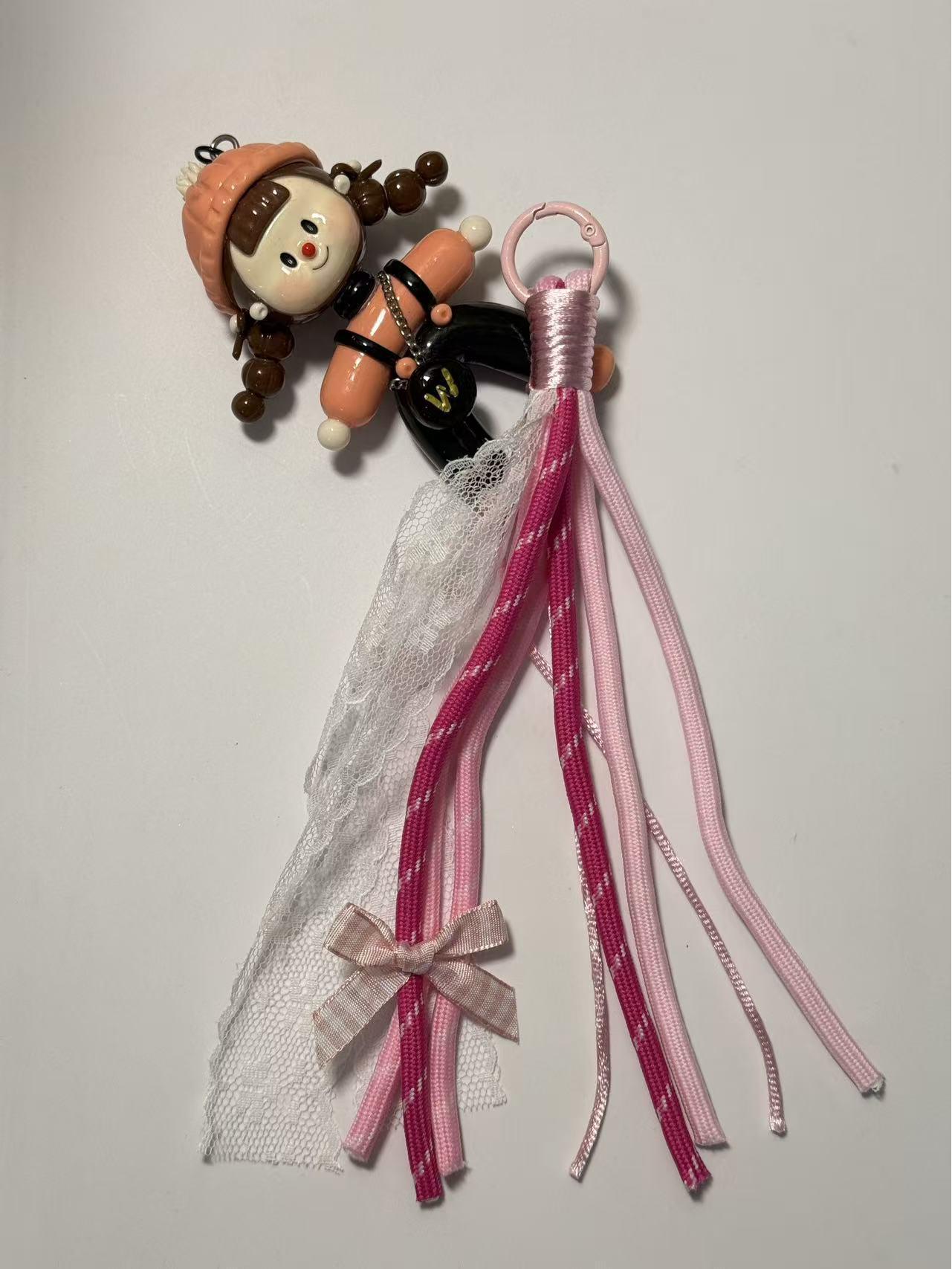 Miu Style Lace Ruffle Bow Phone Lanyard with Plush Toy Keychain Ornament