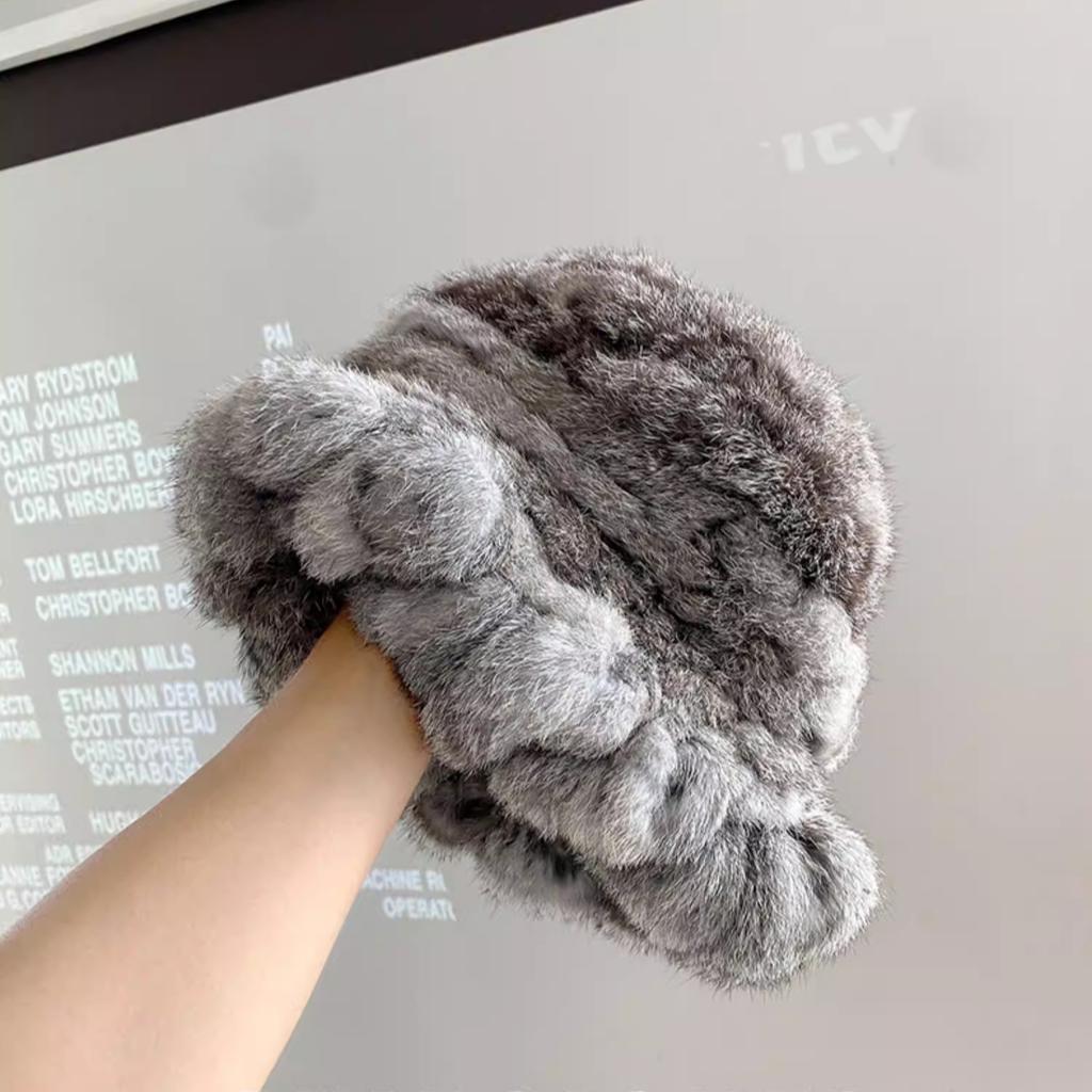 Real Rabbit Fur Hat Women's Winter Warm Double-sided Woven Thickened Ruffle Edge Bucket Hat Temperament Top Hat Basin Hat