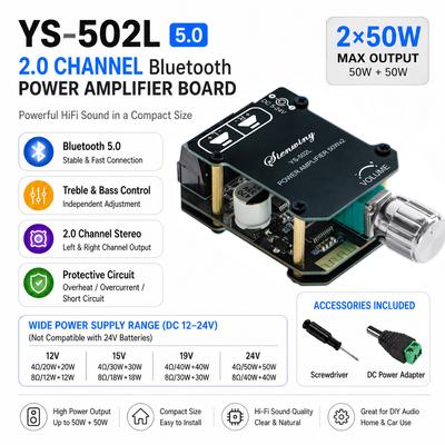 Scheda Amplificatore Audio Bluetooth 5.0 a 2 Canali YS-502L, Modulo Amplificatore di Potenza Stereo da 100W con AUX e Controllo del Volume per Altoparlanti