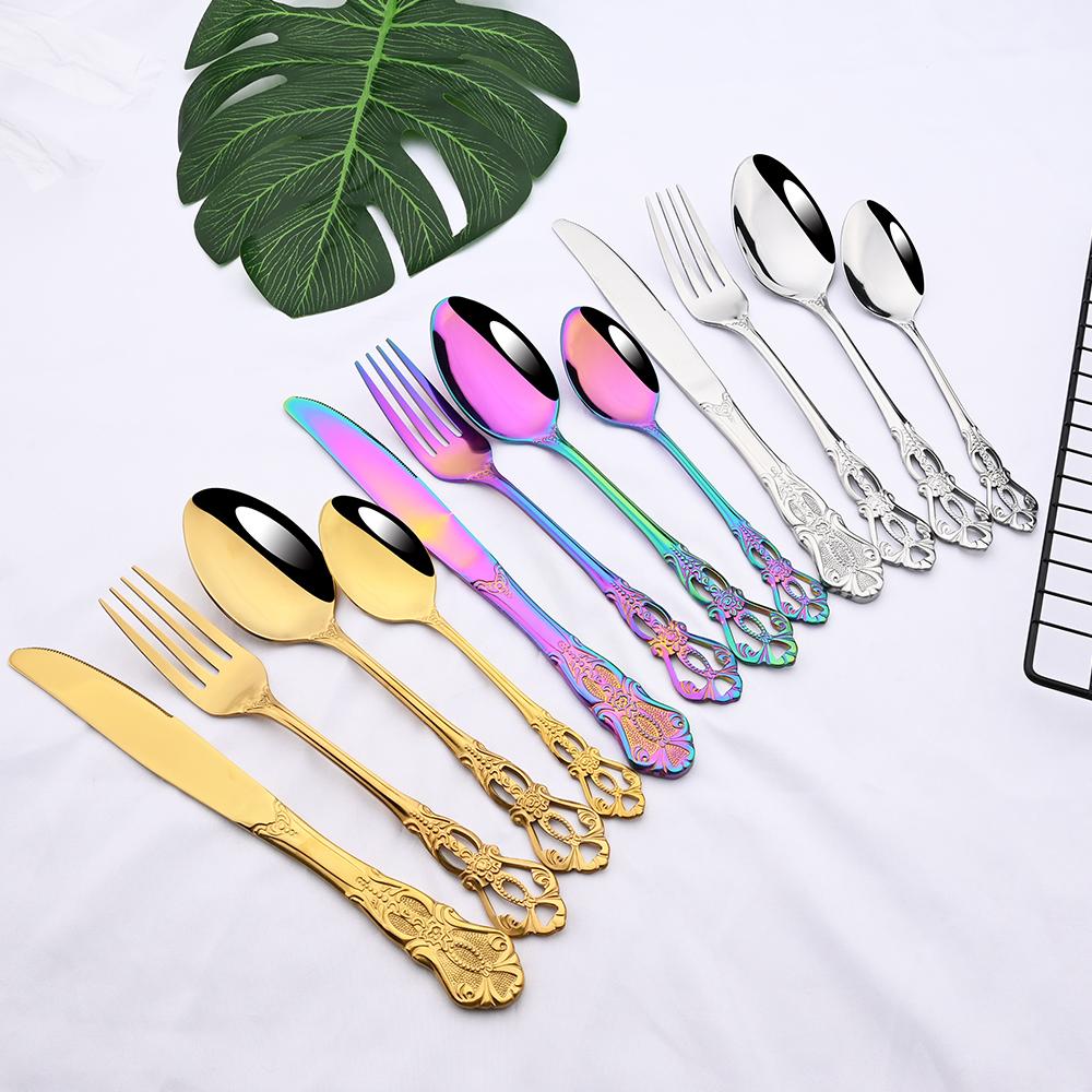 24PCS Vintage Tableware Cutlery Set Dinner Knife Fork Spoon Flatware Set Western Style Luxury Engraving Dinnerware with Rack Set