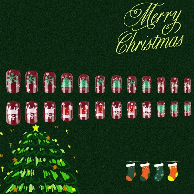24Pcs Christmas Themed Press on Tips Gold Foil Striped Christmas Snowflake Design Short Square Artificial Nail Tips