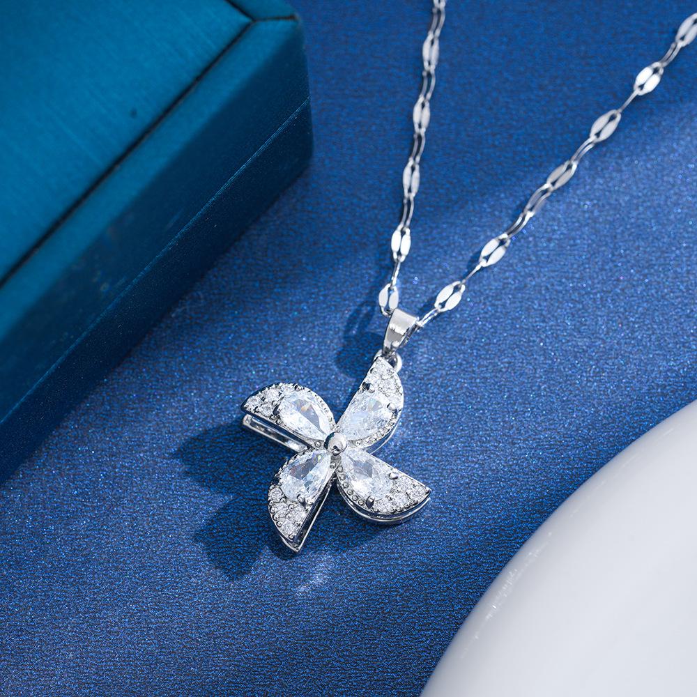 Rotating Windmill Hollow Diamond Necklace for Women - Titanium Steel, Light Luxury, Clavicle Chain