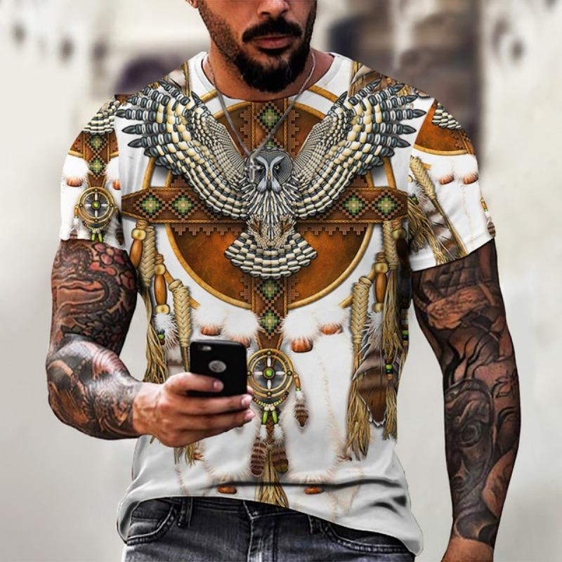 Men's Shirt Casual Harajuku T-shirt Animal Summer Retro Indian Print Men's Street Crew Neck Short Sleeve Design Large