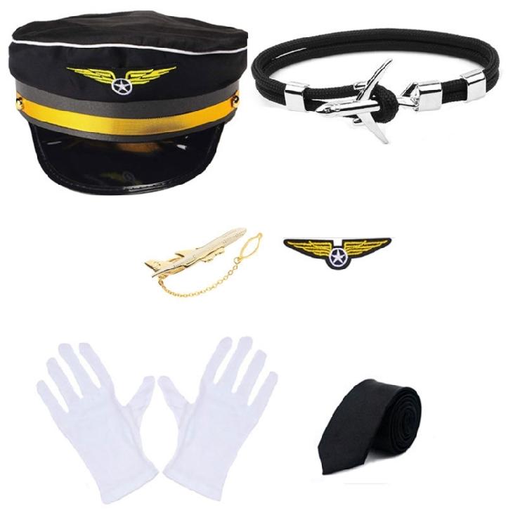 Flight Attendant Costume Captain Outfits Captain Hat Uniform Epaulets Neck Tie Gloves Stewardess Cosplay Accessories