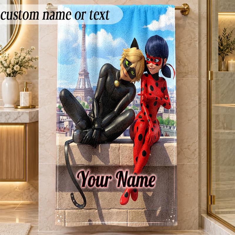 Beach TowelMiraculous Ladybug Custom Name Text Personalized Soft Towel for Beach Pool Indoor Home Decor Gift