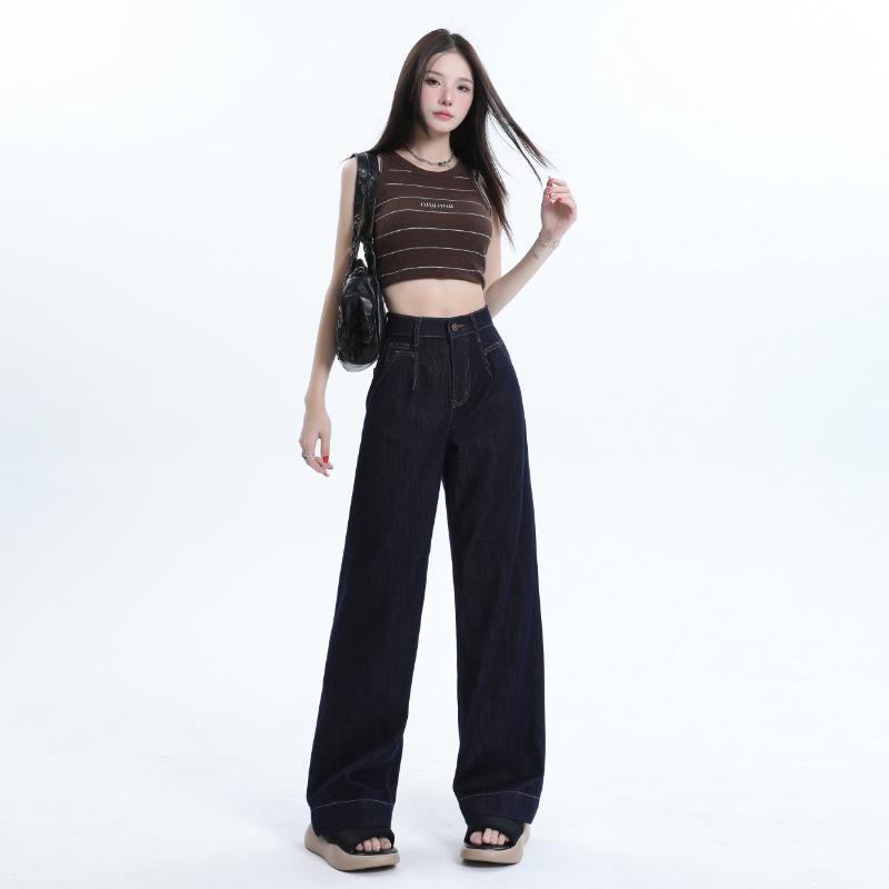 

Женские темно-синие шелковые джинсы с высокой талией и широкими штанинами — облегающий, свободный крой на лето 2024 г. XXL