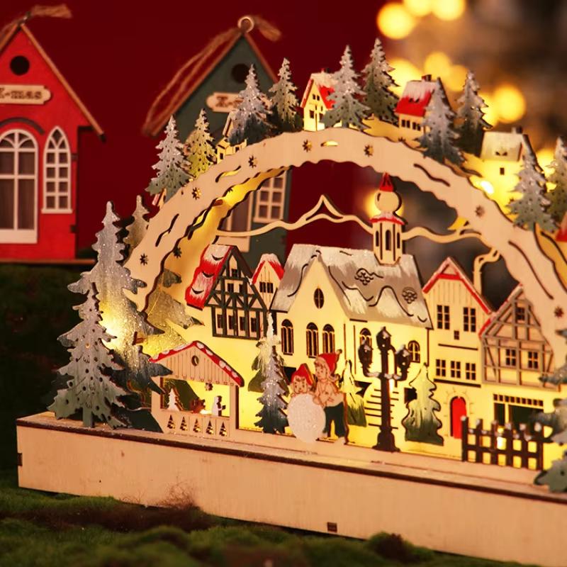 Christmas Wooden LED Lights Bridge Lights Ornaments Christmas Village Shopping Malls Shop Windows Christmas Scene Decorations