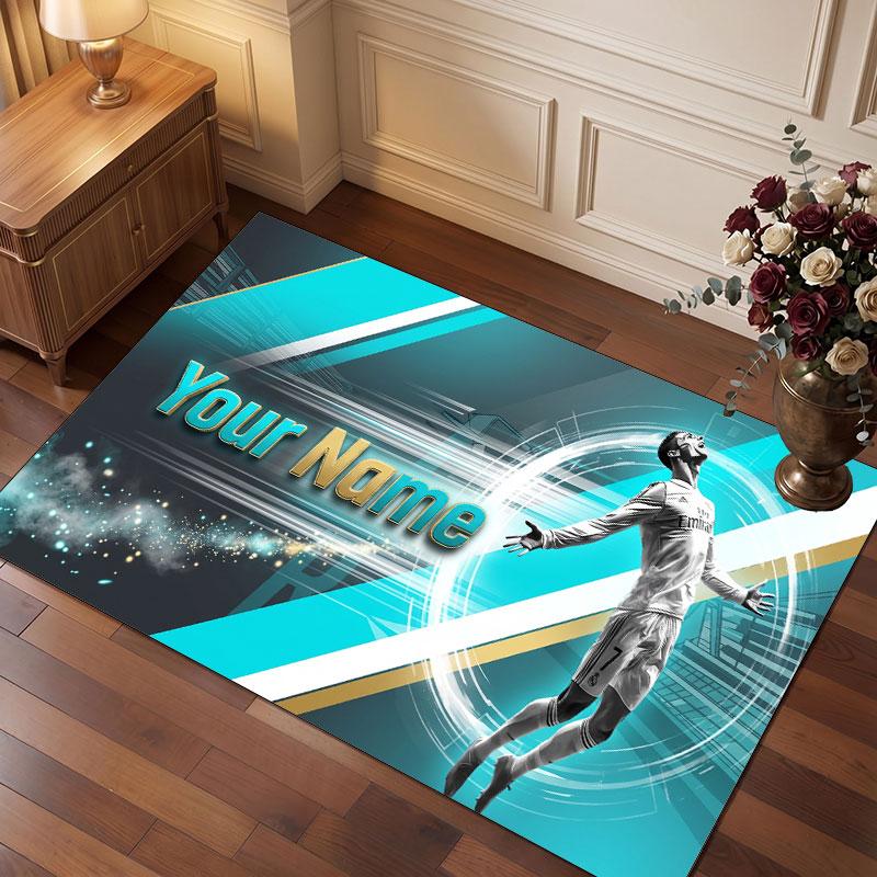 Cristiano Ronaldo Custom Crystal Velvet Rug, Personalized Name Text Print, Football Logo Soft Non‑Slip Floor Mat Home Decor Gift