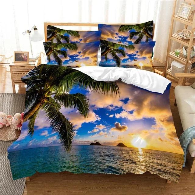 Palm Coconut Tree King Queen Duvet Cover Ocean Blue Sky Bedding Set Sea Landscape Beach Sunset 2/3PCS Polyester Comforter Cover