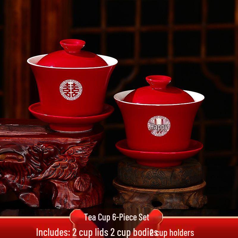 Red Festive Gaiwan and Chopsticks Wedding Tea Set - Pair of Bowls for Sons and Grandsons