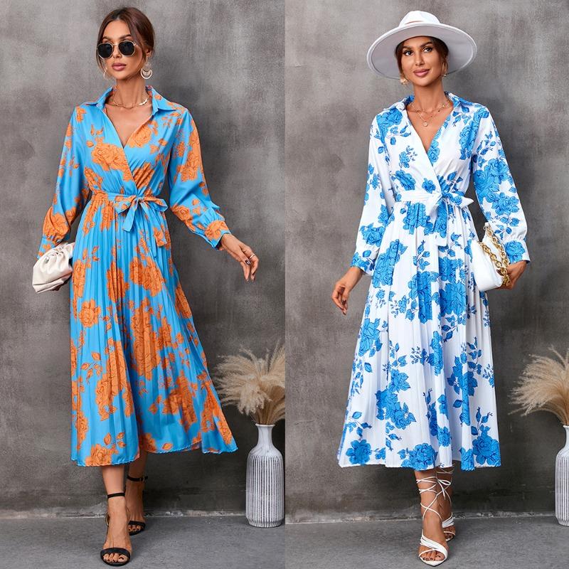 Damska sukienka jesienna z nadrukiem, z długim rękawem, o średniej długości