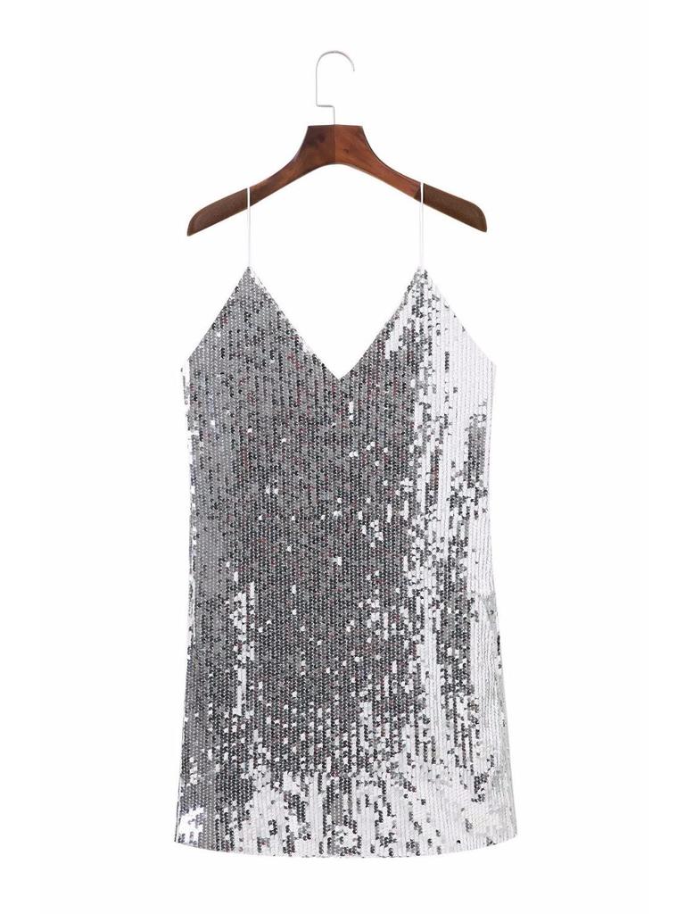 2025 Summer Sleeveless Sequin V-neck Mini Dress for Women - Sexy European & American Style with Spaghetti Straps