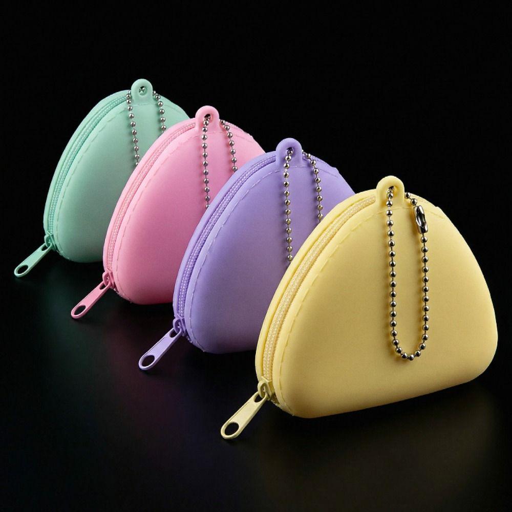 Compact Candy Color Silicone Coin Holder Zipper Closure Triangle Shape Mini Coin Purse Portable Waterproof Earphone Bag Girls
