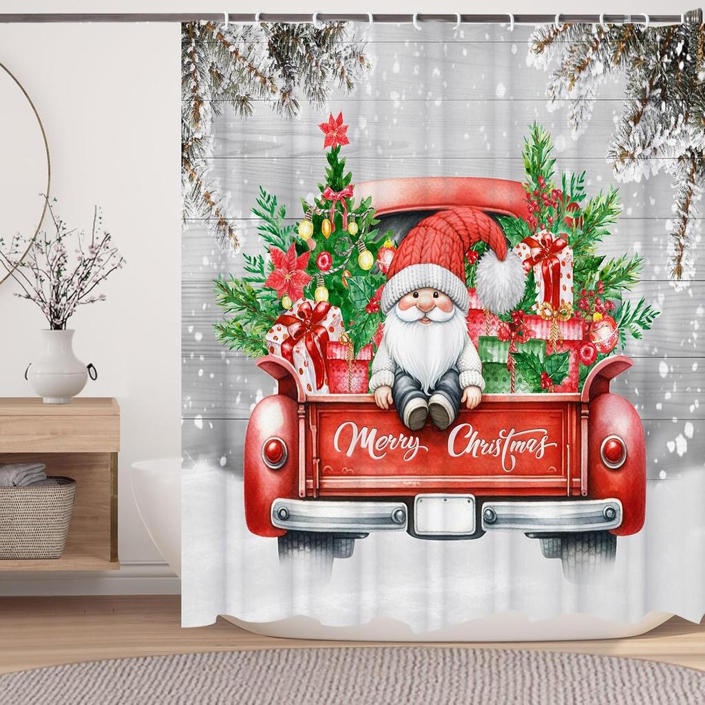 Gnome On Red Truck Christmas Shower Curtain With Tree Design, Snowy Farmhouse Bathroom Decor For Festive Holiday Celebration