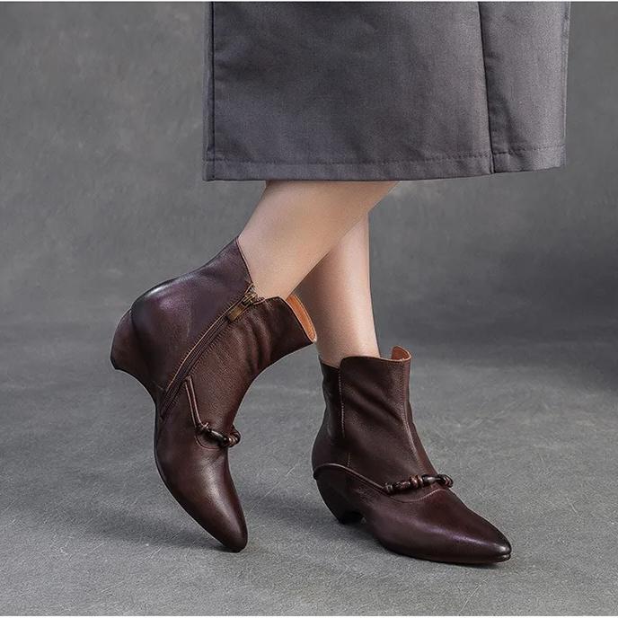 Johnature Genuine Leather Pointed Toe Ankle Boots Fashionable Versatile Mid Heeled Women's Shoes