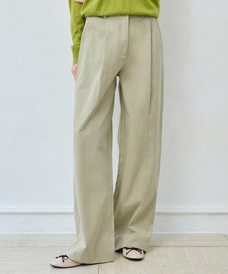 LEFTSEOUL Modern Pintuck Wide Pants [Green Beige]