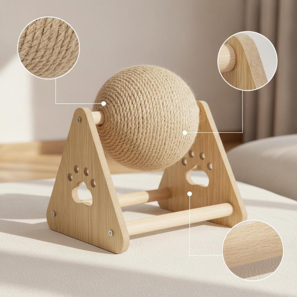 Cat Scratching Ball Rotating Toy with Wooden Frame ClawFriendly Sisal Rope for