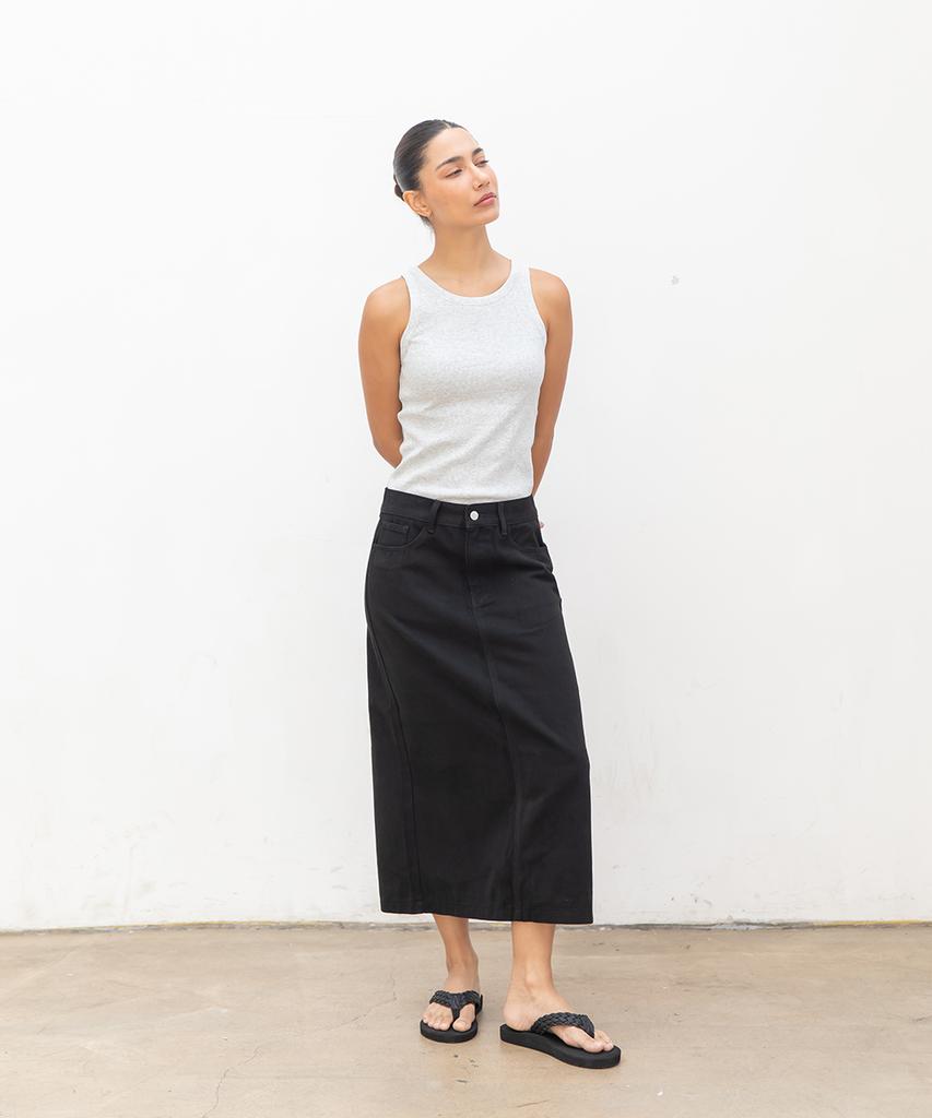 CHAMBROS Women'S Basic Cotton Denim Long Skirt [Black]
