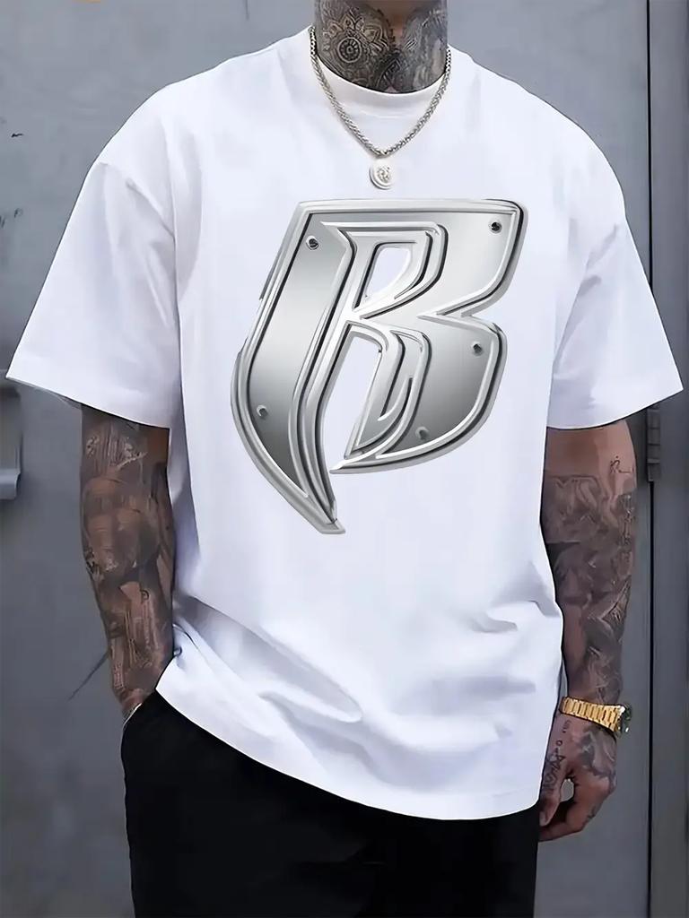 Metallic Letter B Print T-shirt - Casual Crew Neck Short Sleeve Tee