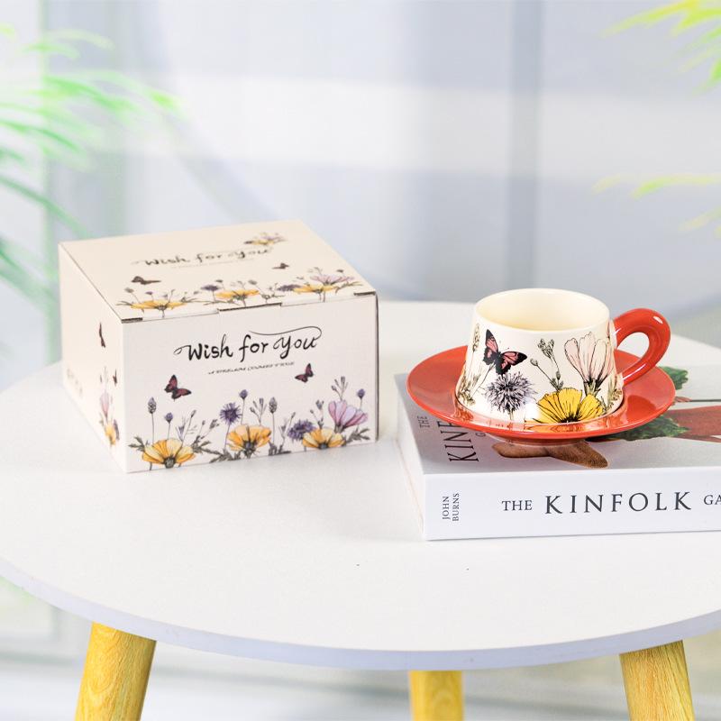 Prosperous Flowers Ceramic Tea & Coffee Cup Set - Luxurious Cup and Saucer Gift Box Souvenir 250ml