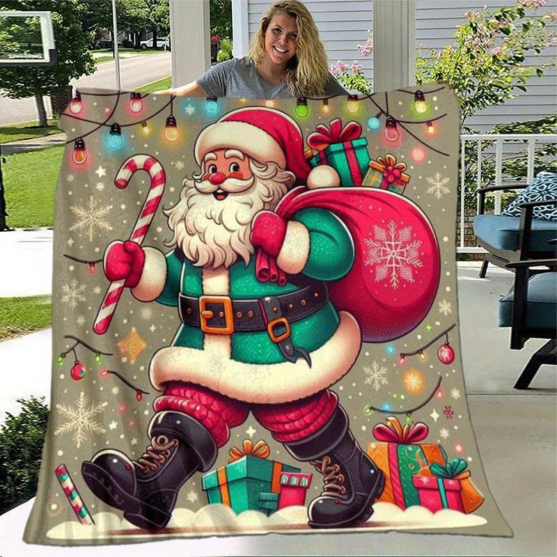1pc Santa Claus Printing Lightweight Flannel Blanket, Comfortable and Warm Blanket, for Camping Sofa Bed and Couch Office, Gift Blankets In All