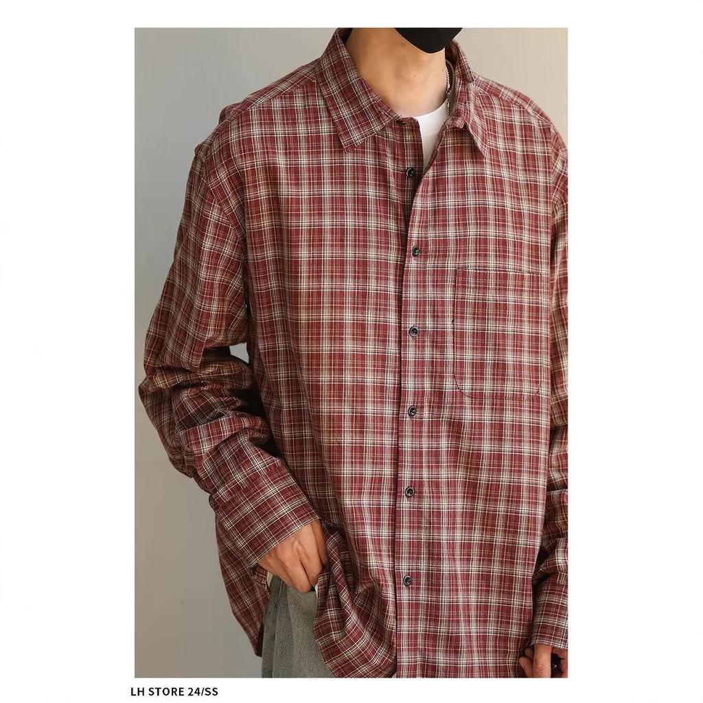 Unisex Retro Plaid Long Sleeve Vintage Workwear Shirt
