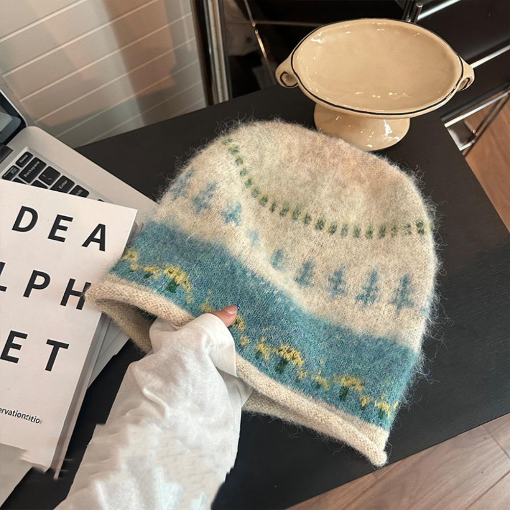 Thicken Winter Pullover Hat Ethnic Style Beanies Hat Casual Fair Isle Style Knitted Hat Outdoor