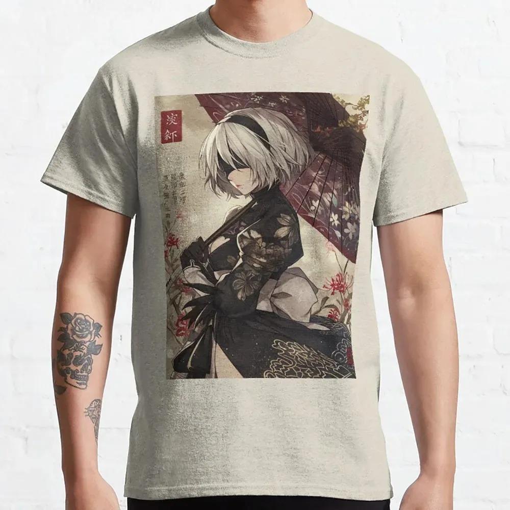 NieR:Automata 2B Japanese Ukiyo-e Kimono & Umbrella Graphic Black T-Shirt | Action RPG Game Fan Streetwear Merch Tee