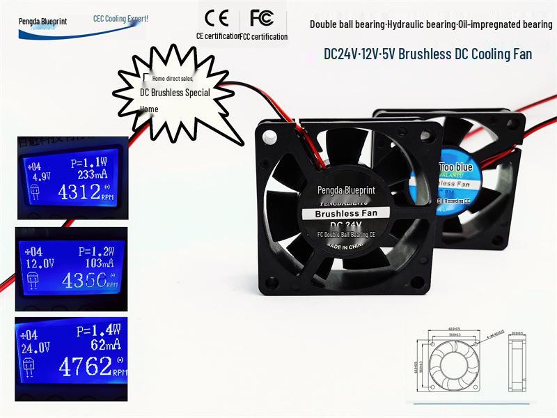 

Pengda Blue Print 6020 6CM USB Dual Ball Bearing Brushless Cooling Fan (5V/12V/24V) for Computer Cases 12V Oil Bearing 2-Wire