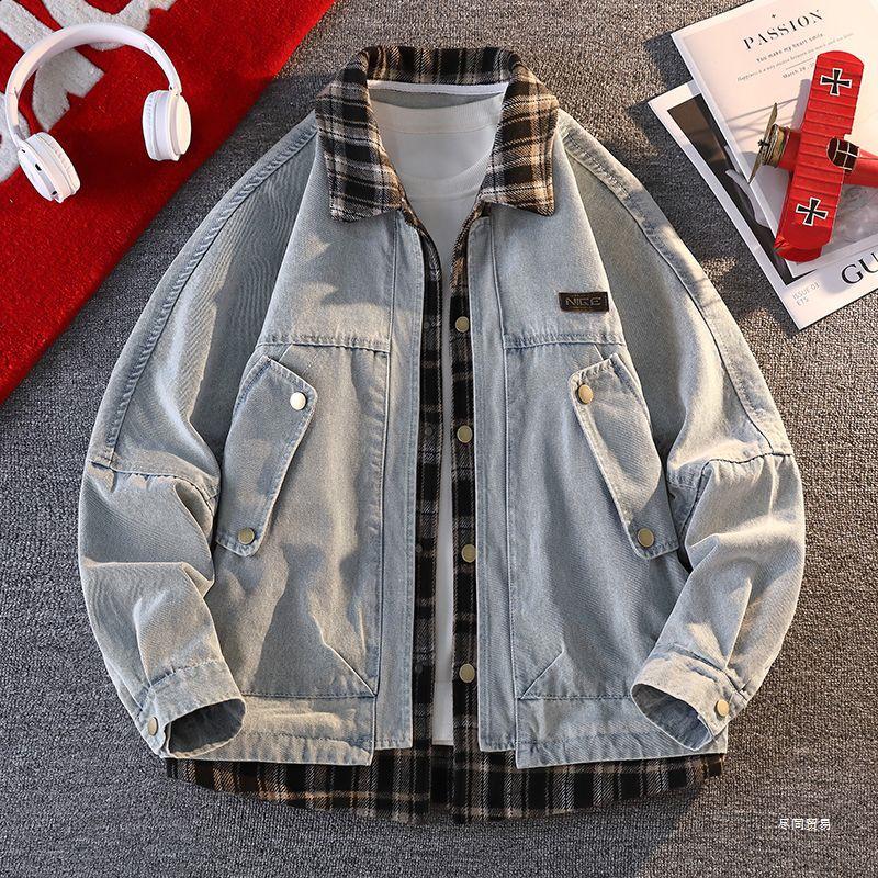 Pánská trendy kostkovaná patchworková džínová bunda 2025 - Falešný dvoudílný vlněný kabát na jaro a podzim