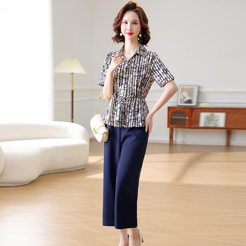 Set Bluză și Pantaloni din Șifon pentru Mama, Vara 2025: Set elegant din două piese pentru femei de vârstă mijlocie și vârstnice