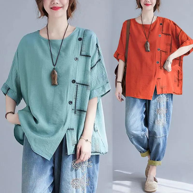Women's Summer Design Personalized Loose Top Artistic Short Sleeved Round Neck Asymmetrical T-shirt