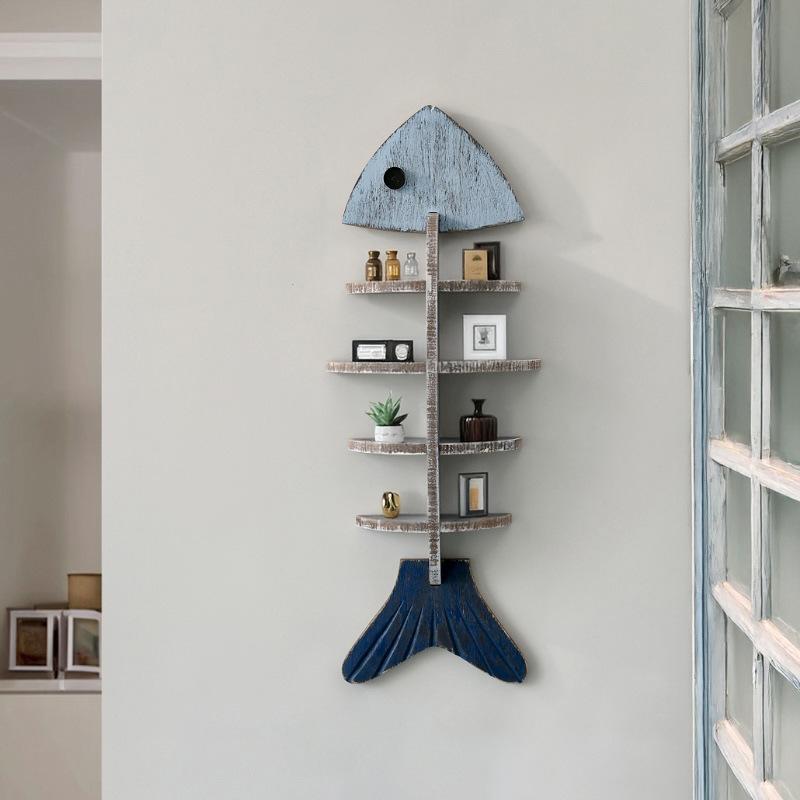 Nordic Style Wall Wooden Fish Row Shelf Cafe Living Room Decorative Pendant Wall Baffle Bookshelf Home Decoration Accessories