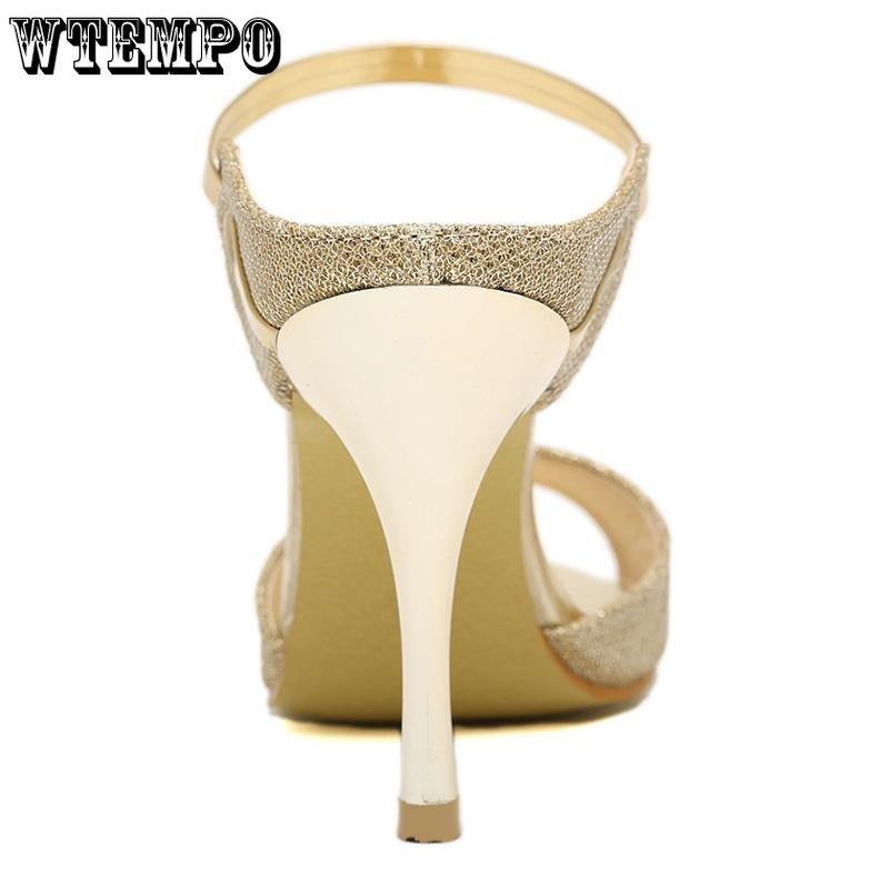 WTEMPO Women Roman Sandals Peep Toe High Heels Shoes Women Wedding Shoes Gold Silver Female Footwear