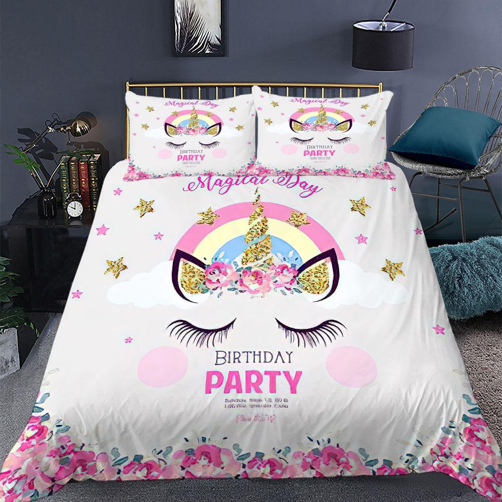 Enhörning Påslakanset King Queen Size Tecknad Färgglad Enhörning Söt Blomma Stjärna för Tonåringar Pojkar Flicka Barn Polyester Sängklädesset