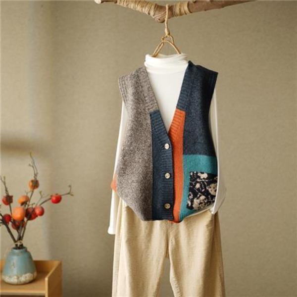 Women Pullover Sleeveless Sweaters Vests V-Neck Patchwork Solid Color Knitted Clothes Autumn Sweaters