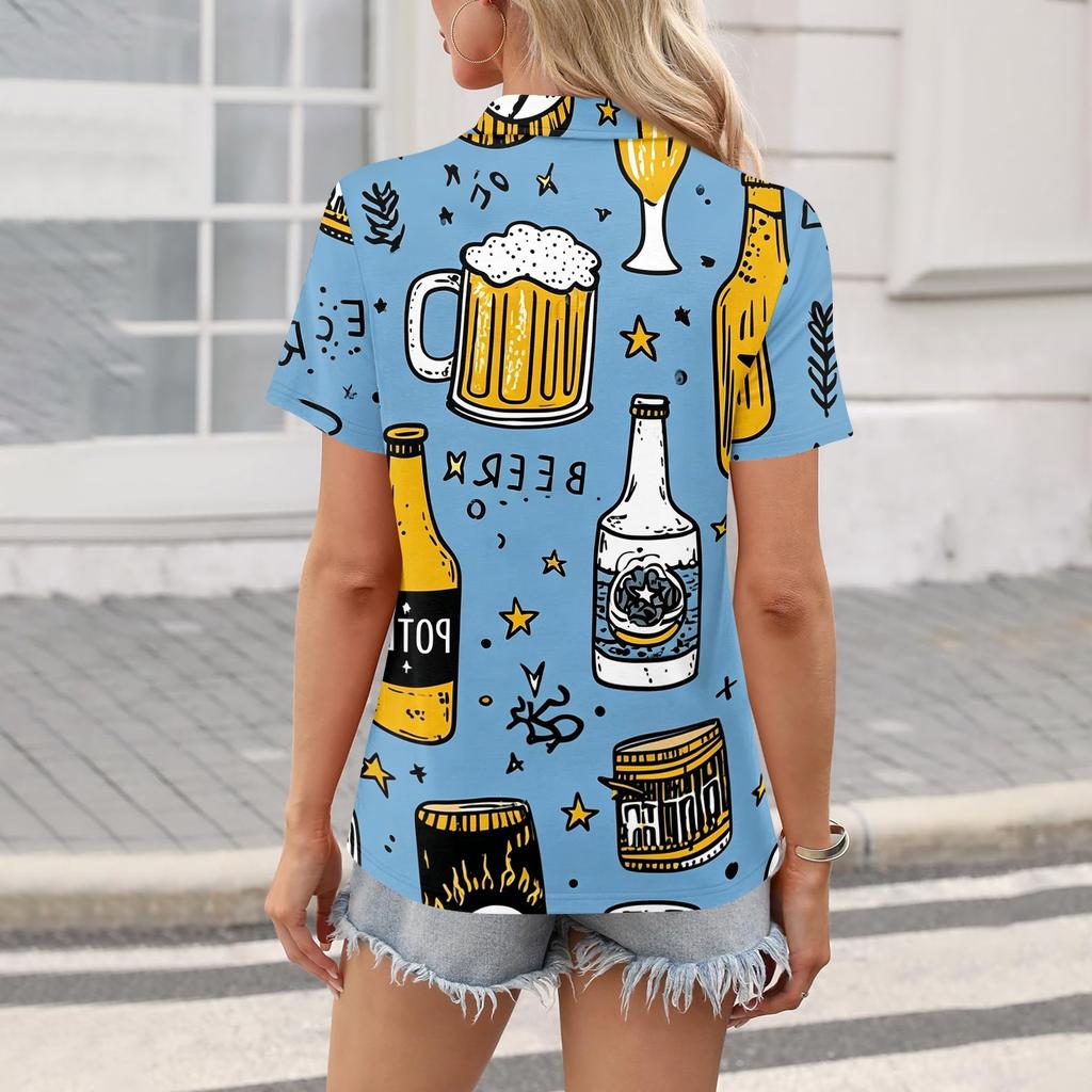 Women Casual V Neck Short Sleeve Polo Shirt Oktoberfest Print Collared Top Lightweight Summer Blouse