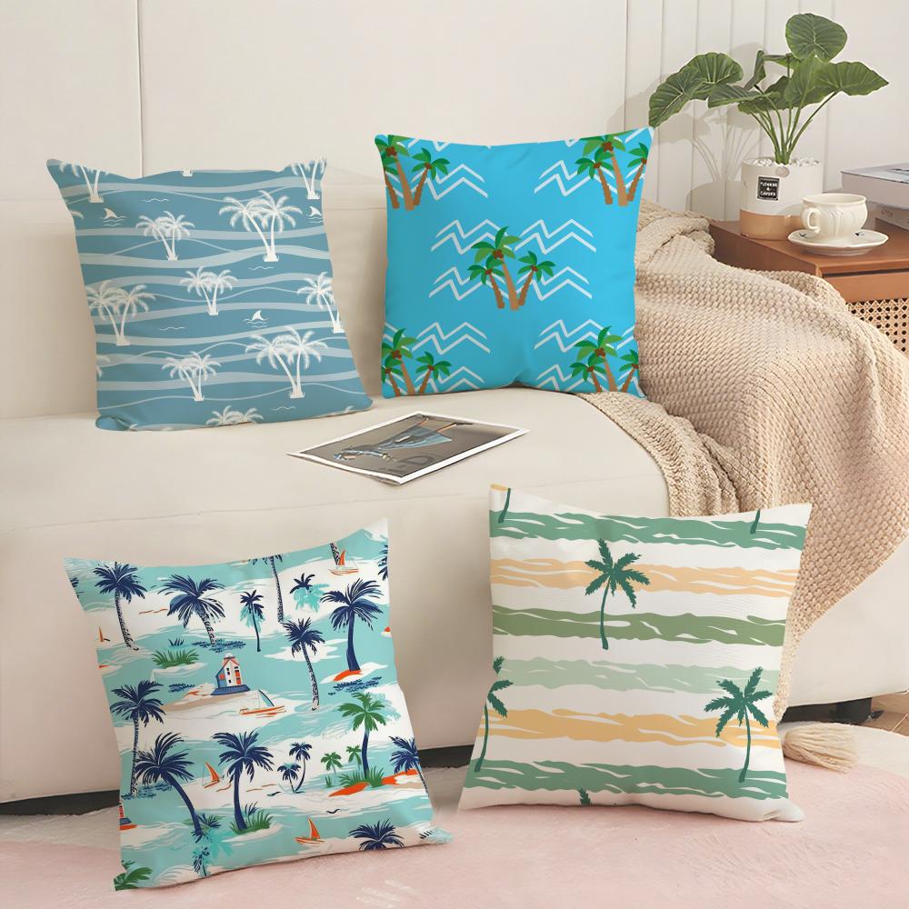Plam Trees Flowers Cushion Cover Soft Short Plush Pillow Cover Smooth Cozy Texture Aesthetic Cushion Case Home Decor