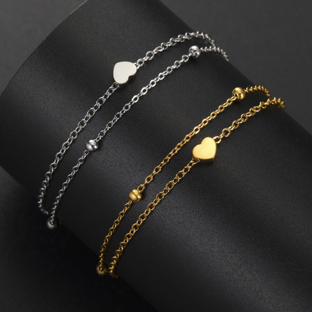 My Shape Heart Charms Bracelets for Women Girls Gold Color Chains 2 Layers Hand Chain Stainless Steel Jewelry Girlfriend Gifts