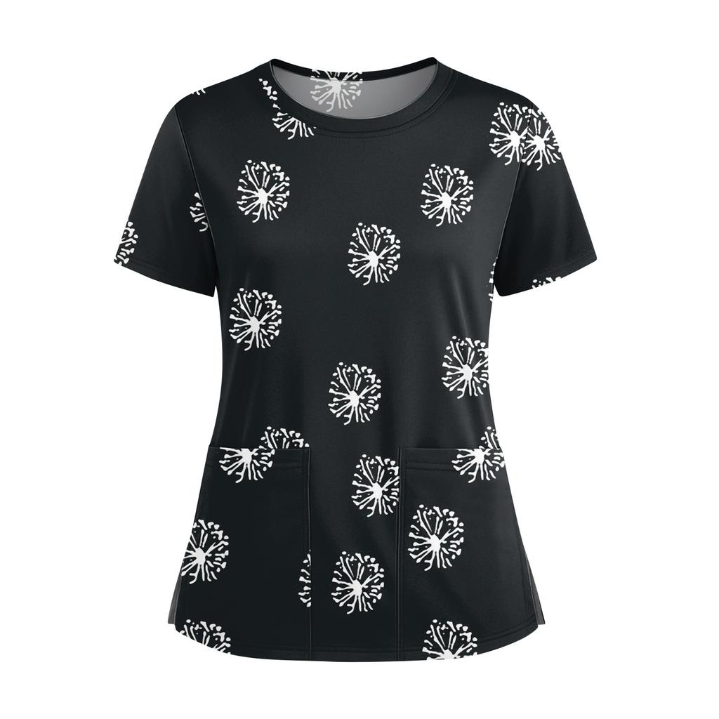 Women's Fashionable Printed Round Neck Pocket Short Sleeved Shirt With Slit Hem Uniform And Worker's Top