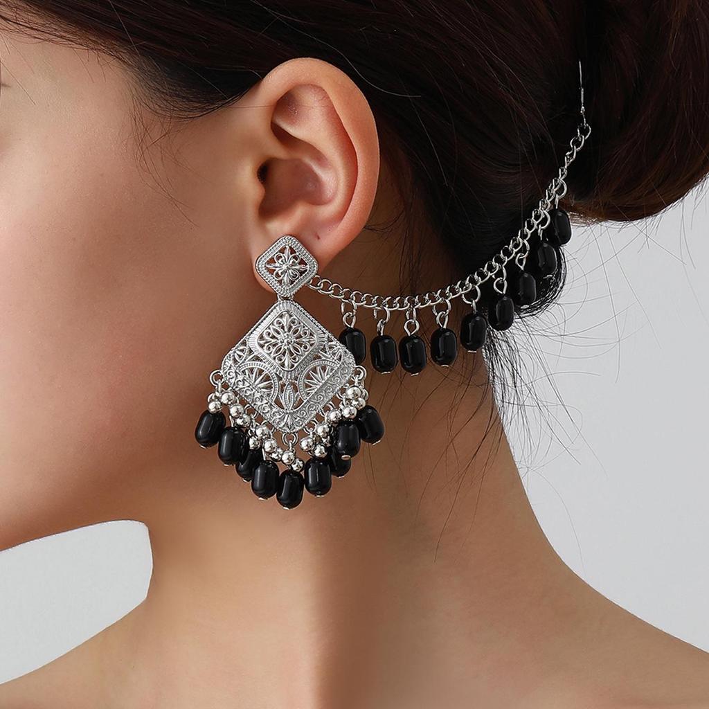 Bohemian Exotic Rhinestone Tassel Necklace & Earrings Set In Antiqued Alloy