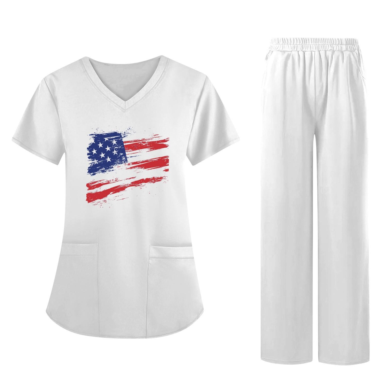 

Women s Fabric Printed V Neck Pocket Short Sleeved Pants Set Workwear XL білий