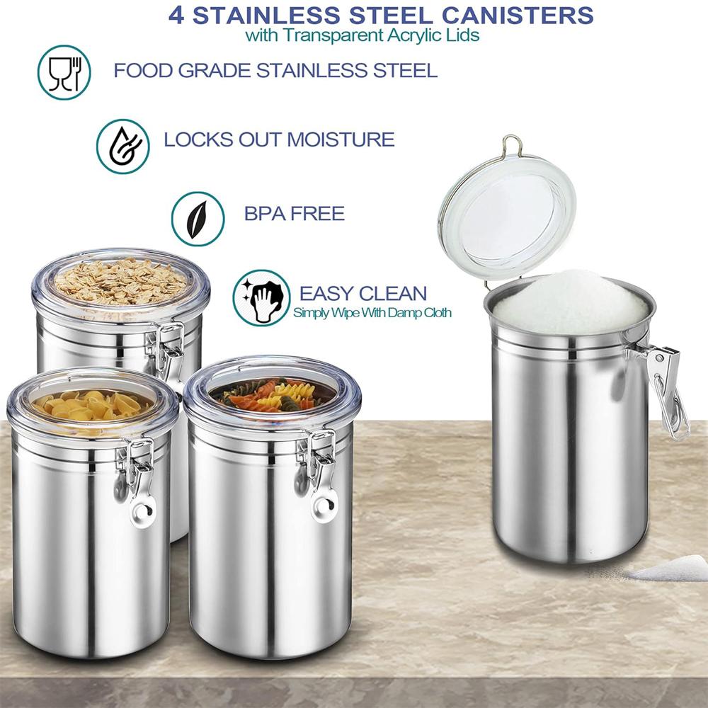 Stainless Steel Canister Set with Lids - Airtight Food Storage Canisters for Kitchen Counters, Tea, Sugar, Flour, Coffee Beans