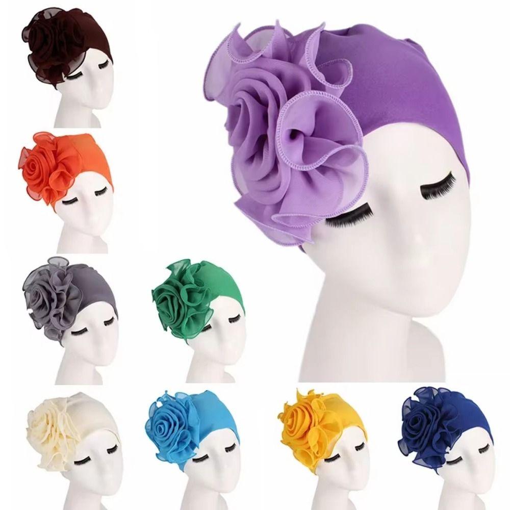 Big Flower Women's Turban Cap Elastic Islamic Headscarf Fashion Head Wrap Cap Ladies Hair Cover
