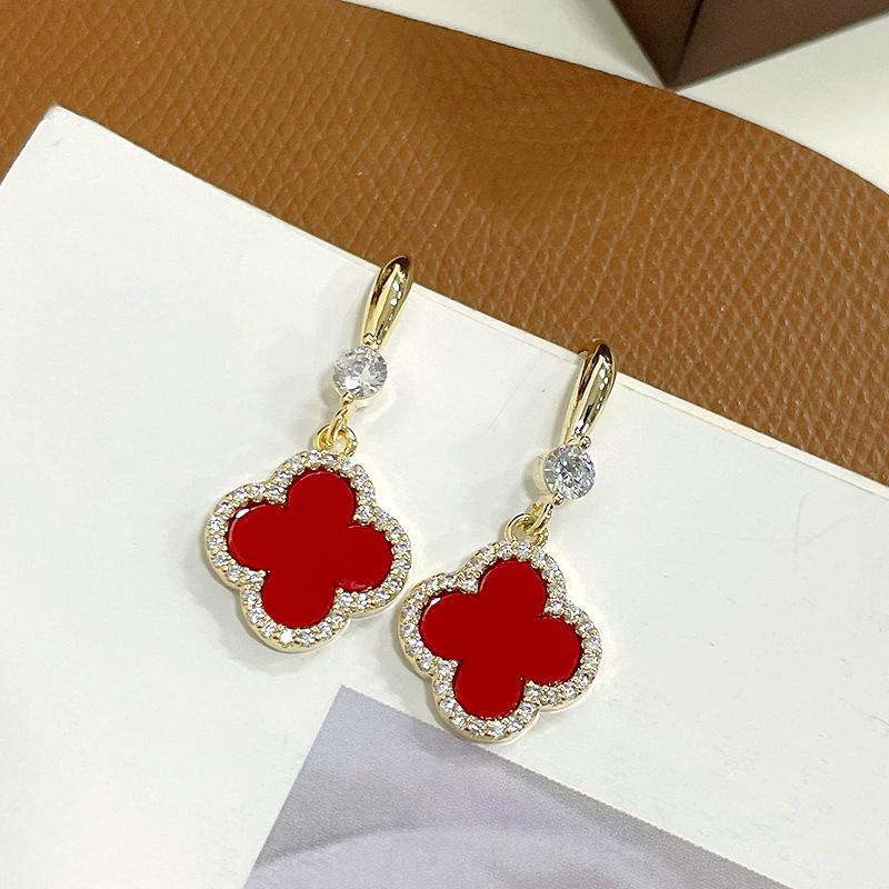 Red Four-Leaf Clover Earrings for Women - High-End, Fashionable Silver Jewelry with Chic Fragrance Style.